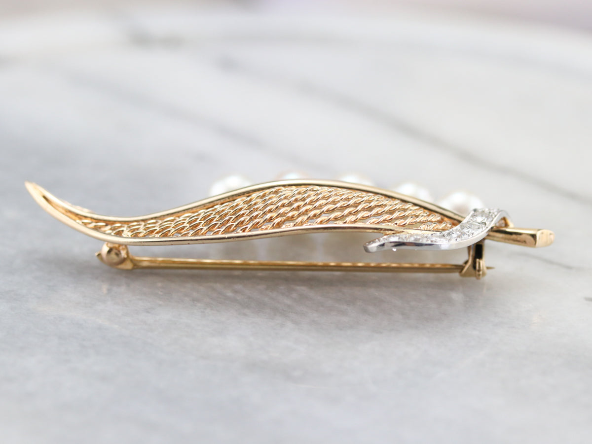Mid Century Diamond and Pearl Leaf Brooch