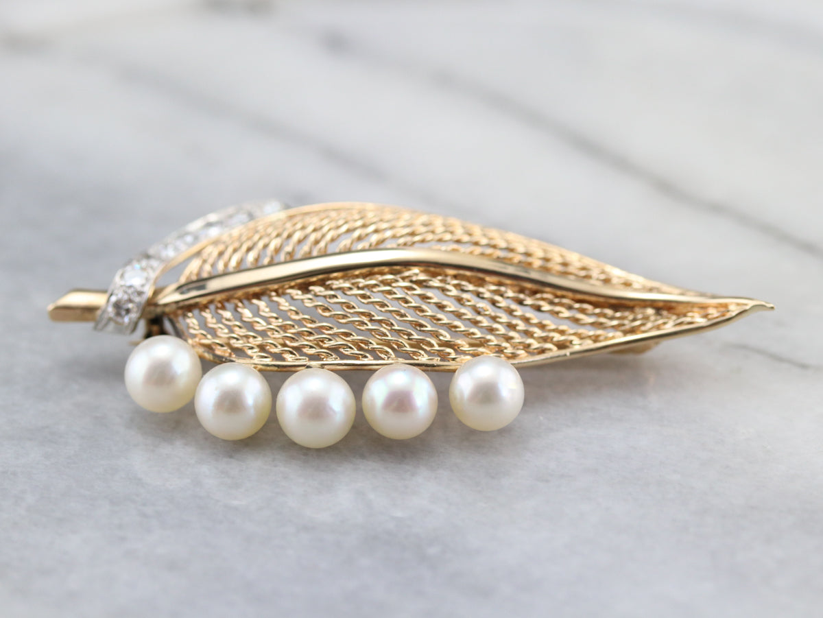 Mid Century Diamond and Pearl Leaf Brooch