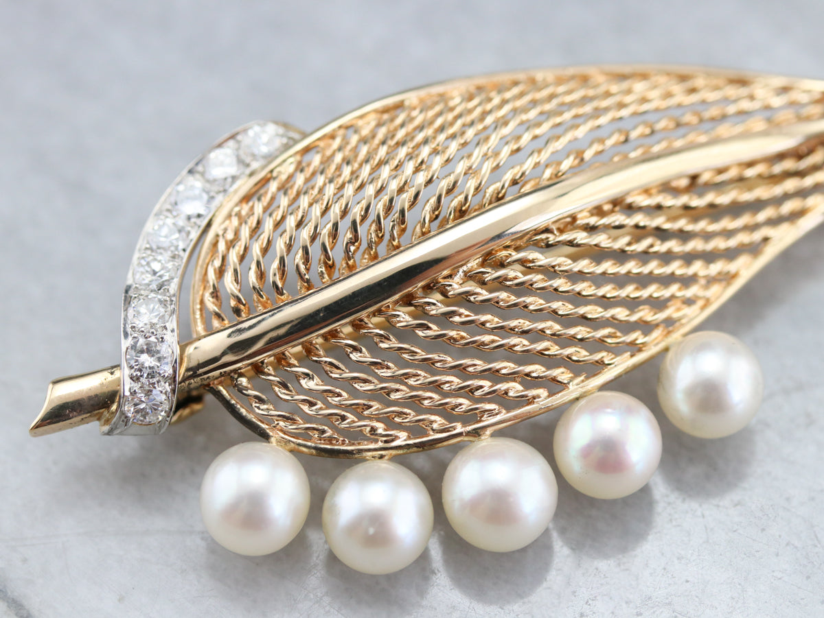 Mid Century Diamond and Pearl Leaf Brooch