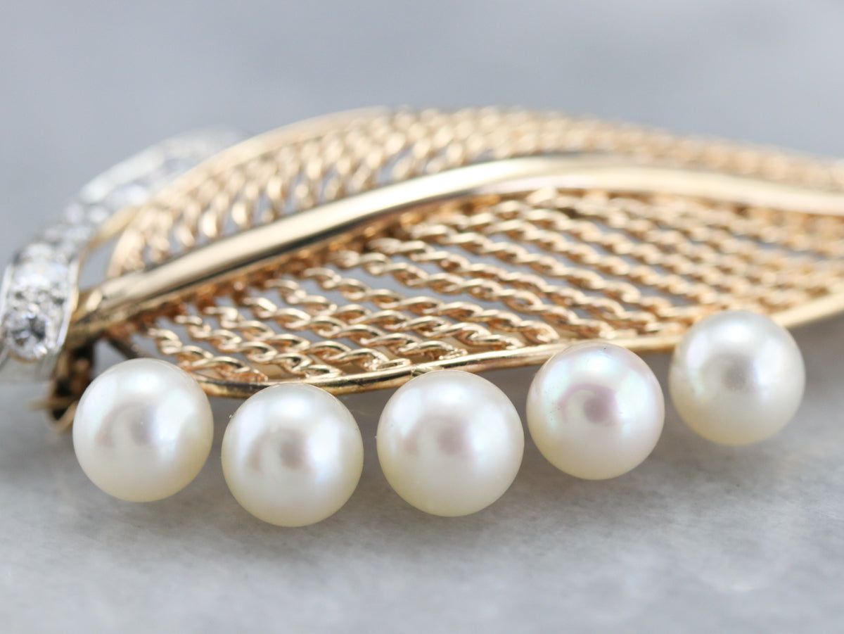 Mid Century Diamond and Pearl Leaf Brooch