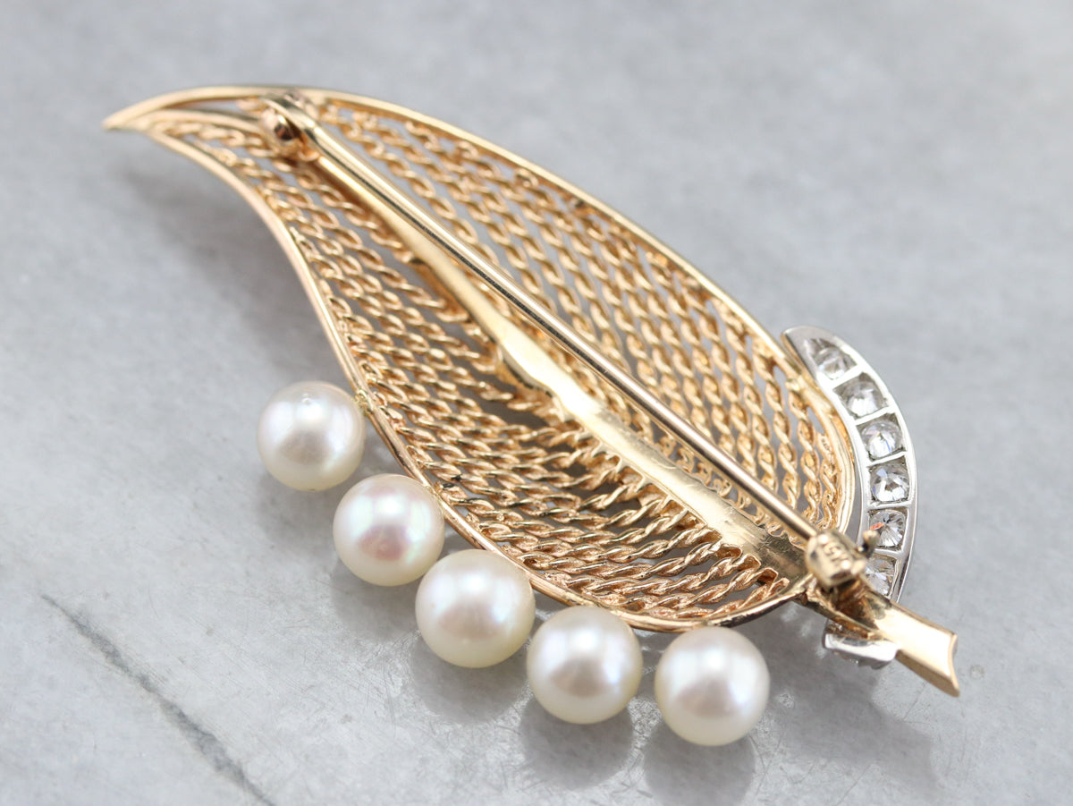 Mid Century Diamond and Pearl Leaf Brooch