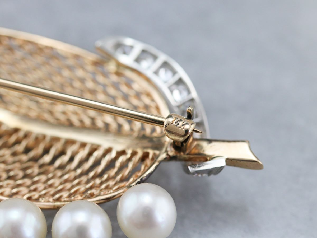 Mid Century Diamond and Pearl Leaf Brooch