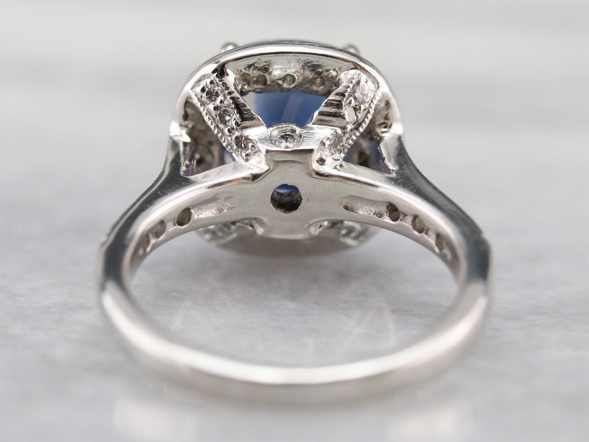 Cushion Cut Sapphire and Diamond Halo Ring