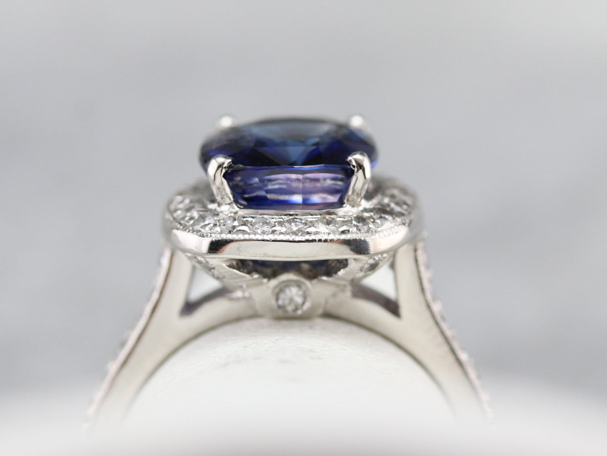Cushion Cut Sapphire and Diamond Halo Ring