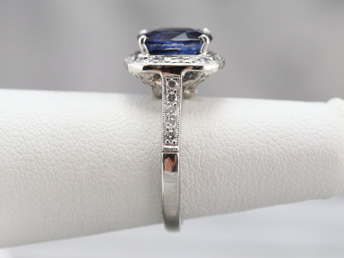 Cushion Cut Sapphire and Diamond Halo Ring
