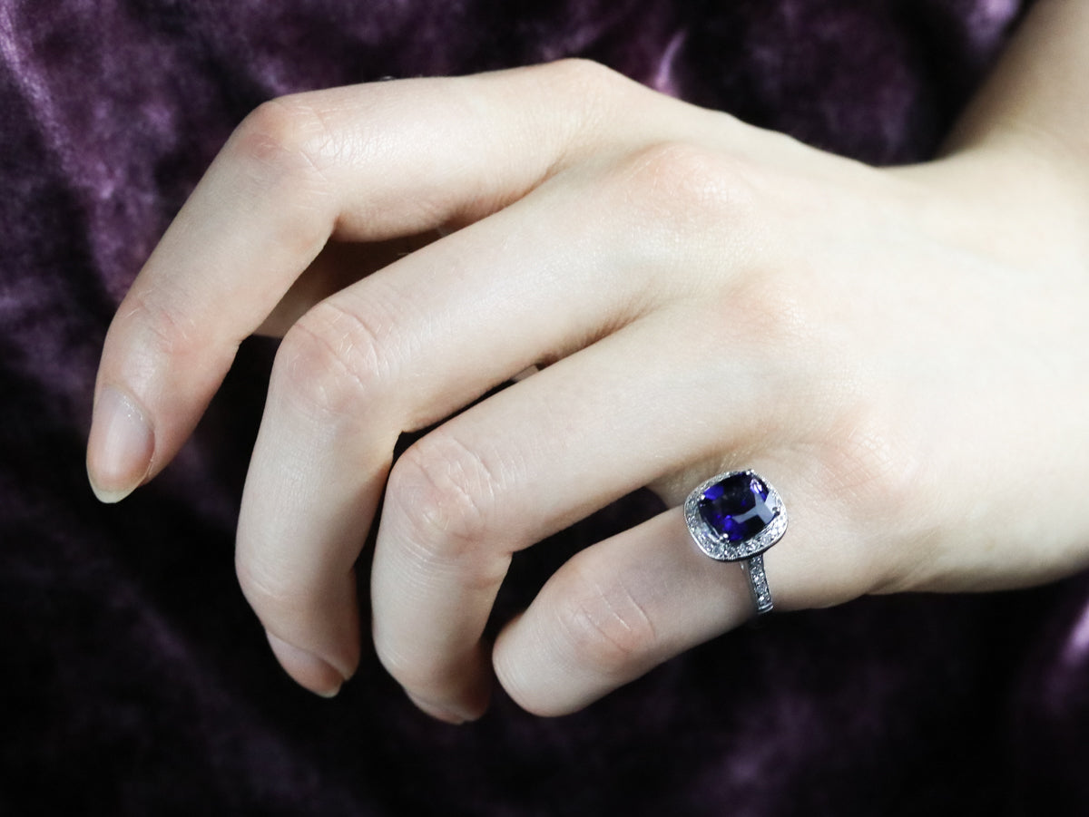 Cushion Cut Sapphire and Diamond Halo Ring