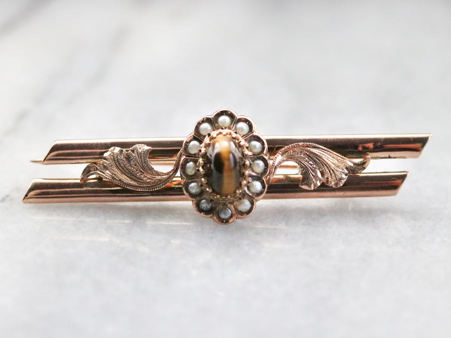 Victorian Tigers Eye and Seed Pearl Brooch
