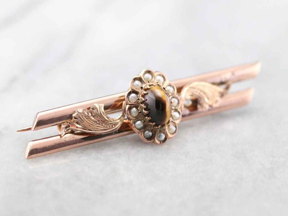 Victorian Tigers Eye and Seed Pearl Brooch