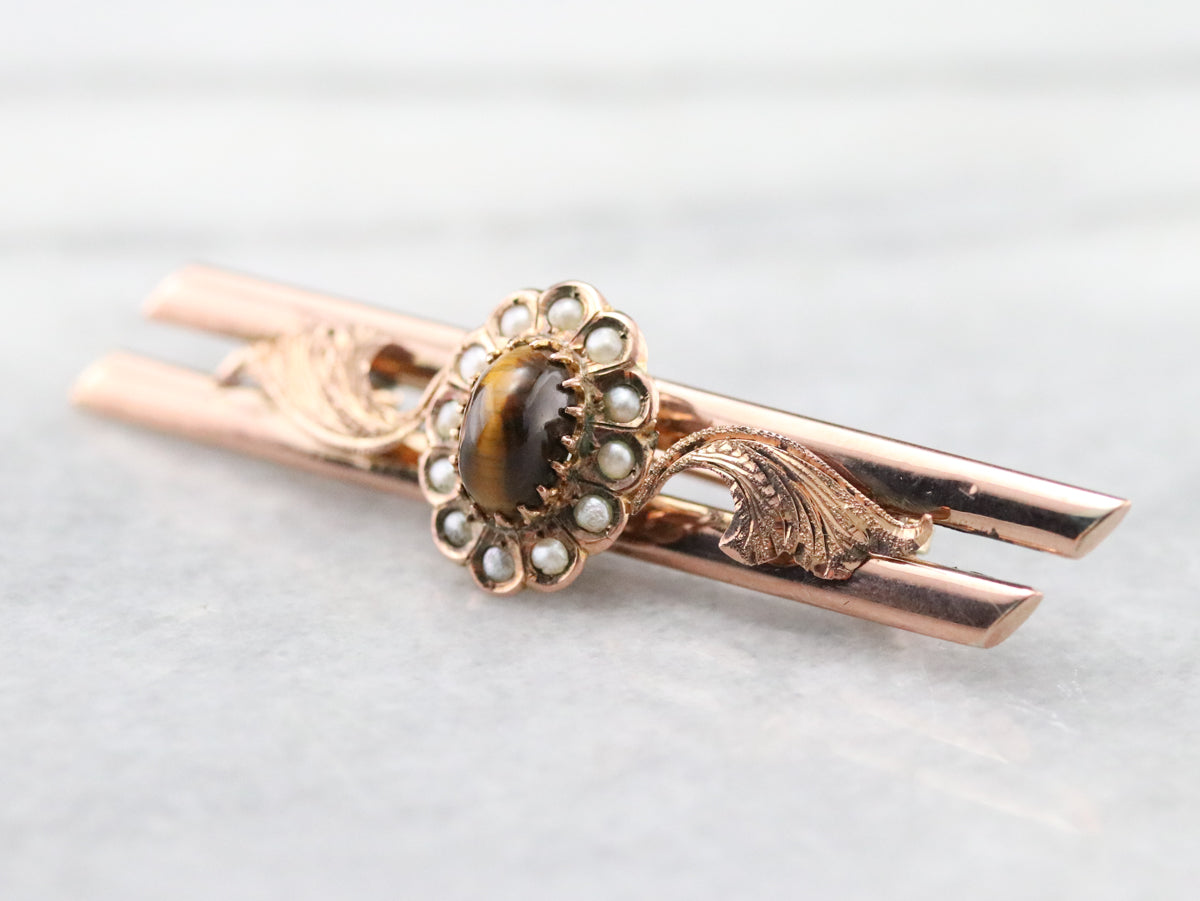 Victorian Tigers Eye and Seed Pearl Brooch