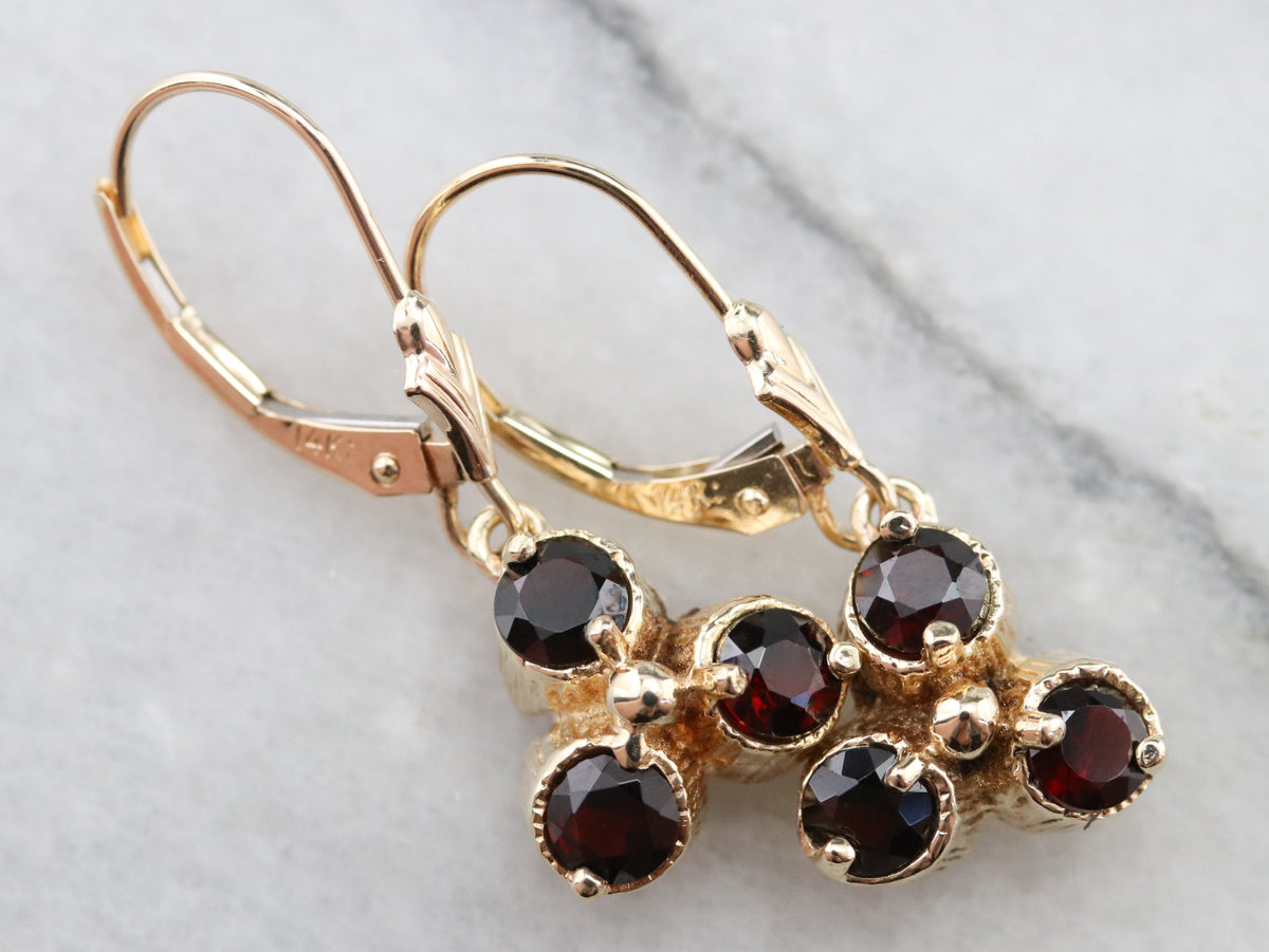 Floral Gold and Garnet Drop Earrings