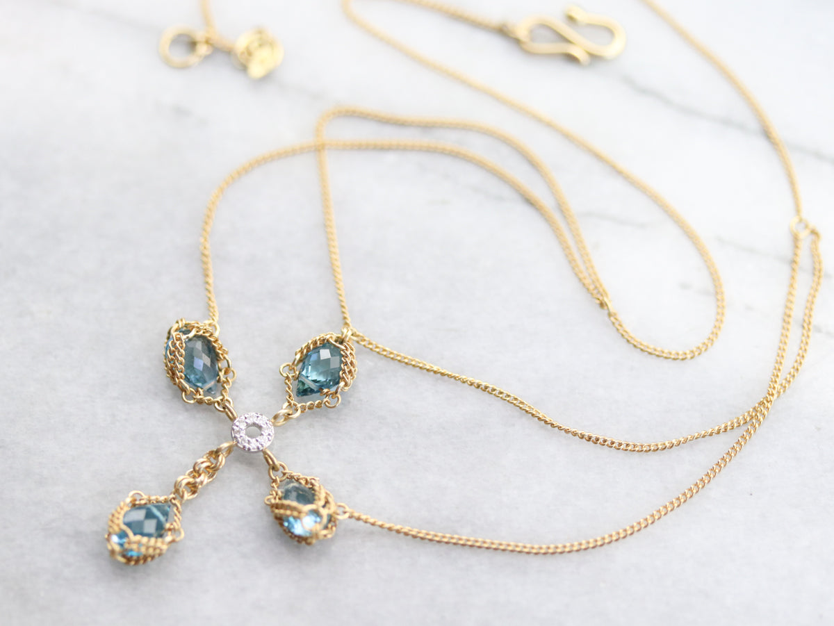 Collar Cruz Oro Topacio Azul y Diamantes