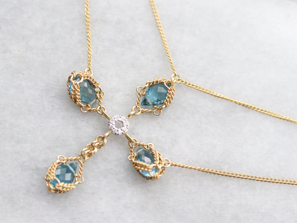 Collar Cruz Oro Topacio Azul y Diamantes