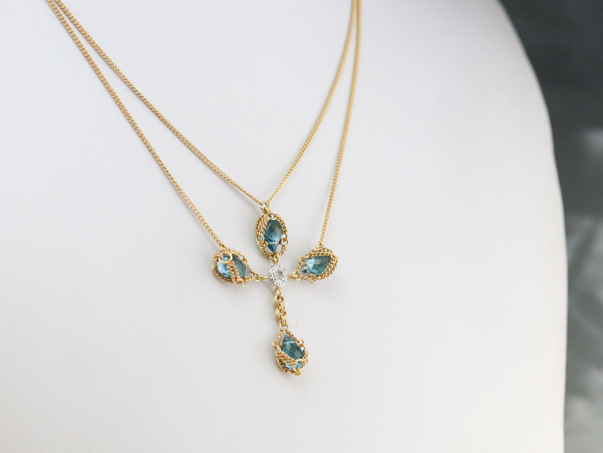 Collar Cruz Oro Topacio Azul y Diamantes