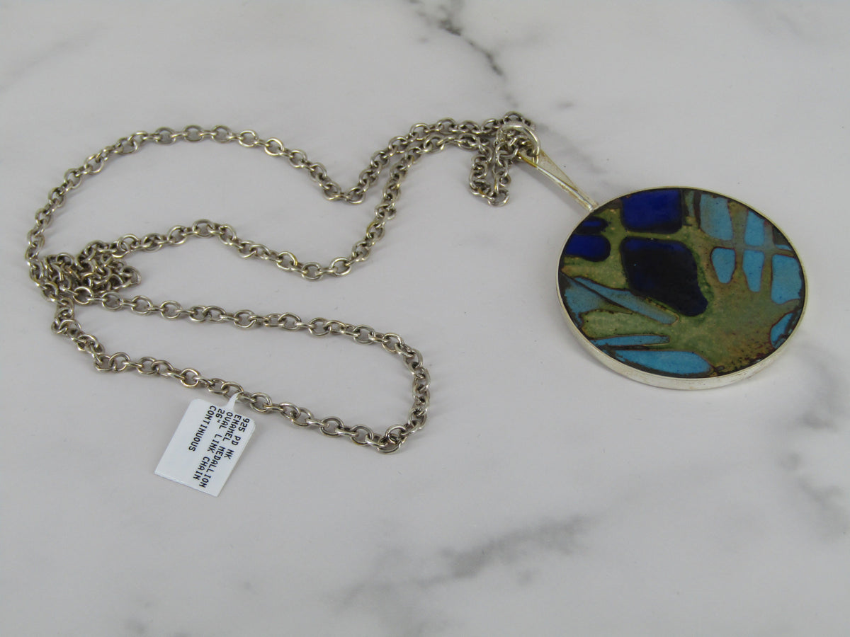 Silver Enamel Medallion Pendant Necklace With Oval Link Chain