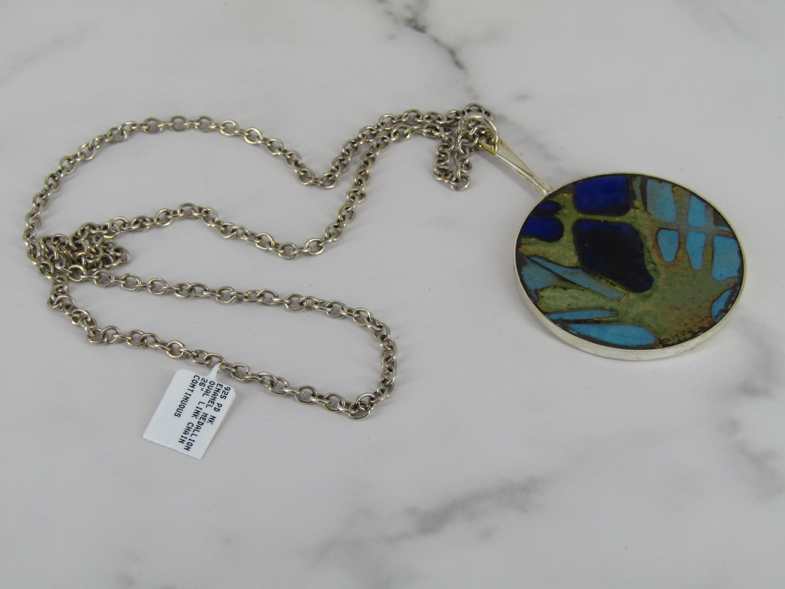 Silver Enamel Medallion Pendant Necklace With Oval Link Chain