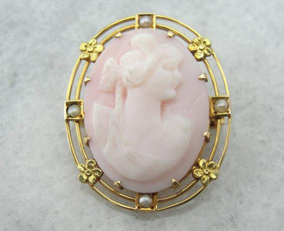 Yellow Gold and Pink Shell Cameo Pin with Seed Pearls