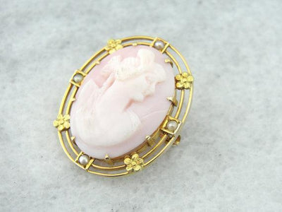 Yellow Gold and Pink Shell Cameo Pin with Seed Pearls