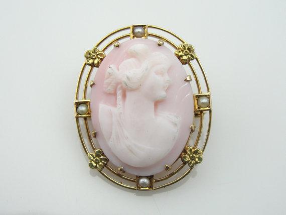 Yellow Gold and Pink Shell Cameo Pin with Seed Pearls
