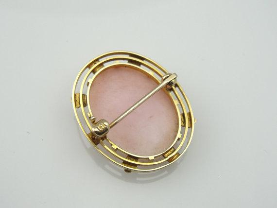 Yellow Gold and Pink Shell Cameo Pin with Seed Pearls