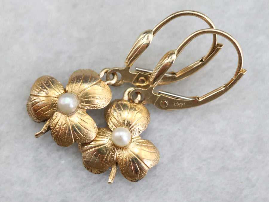 Gold Seed Pearl Shamrock Earrings
