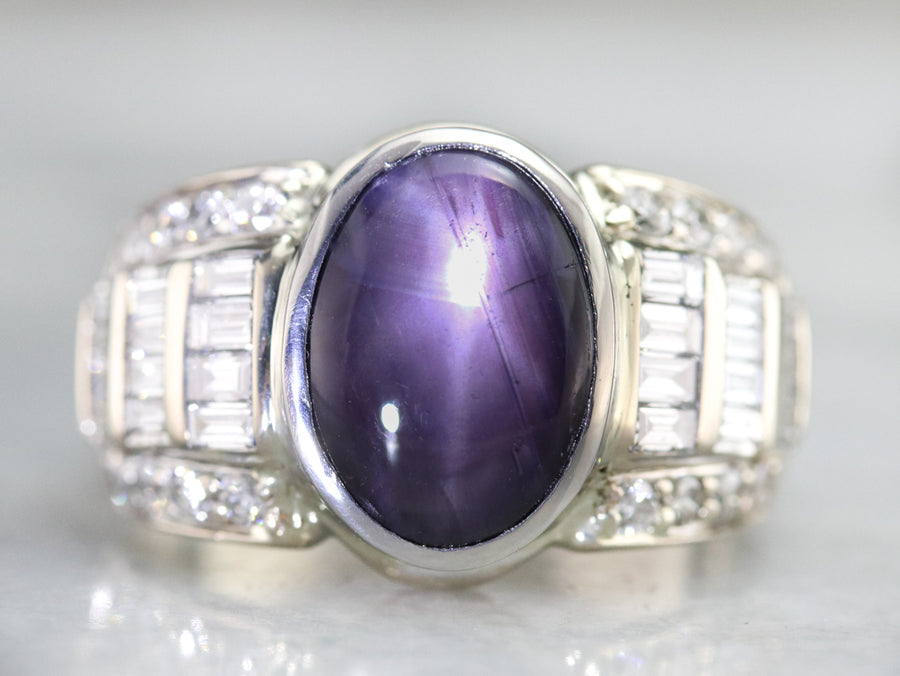 Unisex Star Sapphire and Diamond Ring