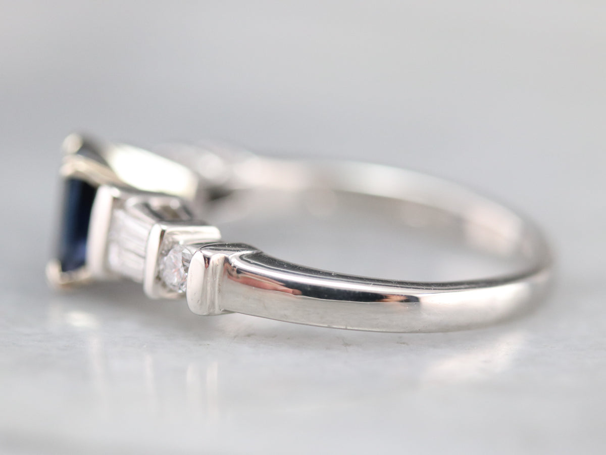 Modern Platinum Sapphire and Diamond Engagement Ring