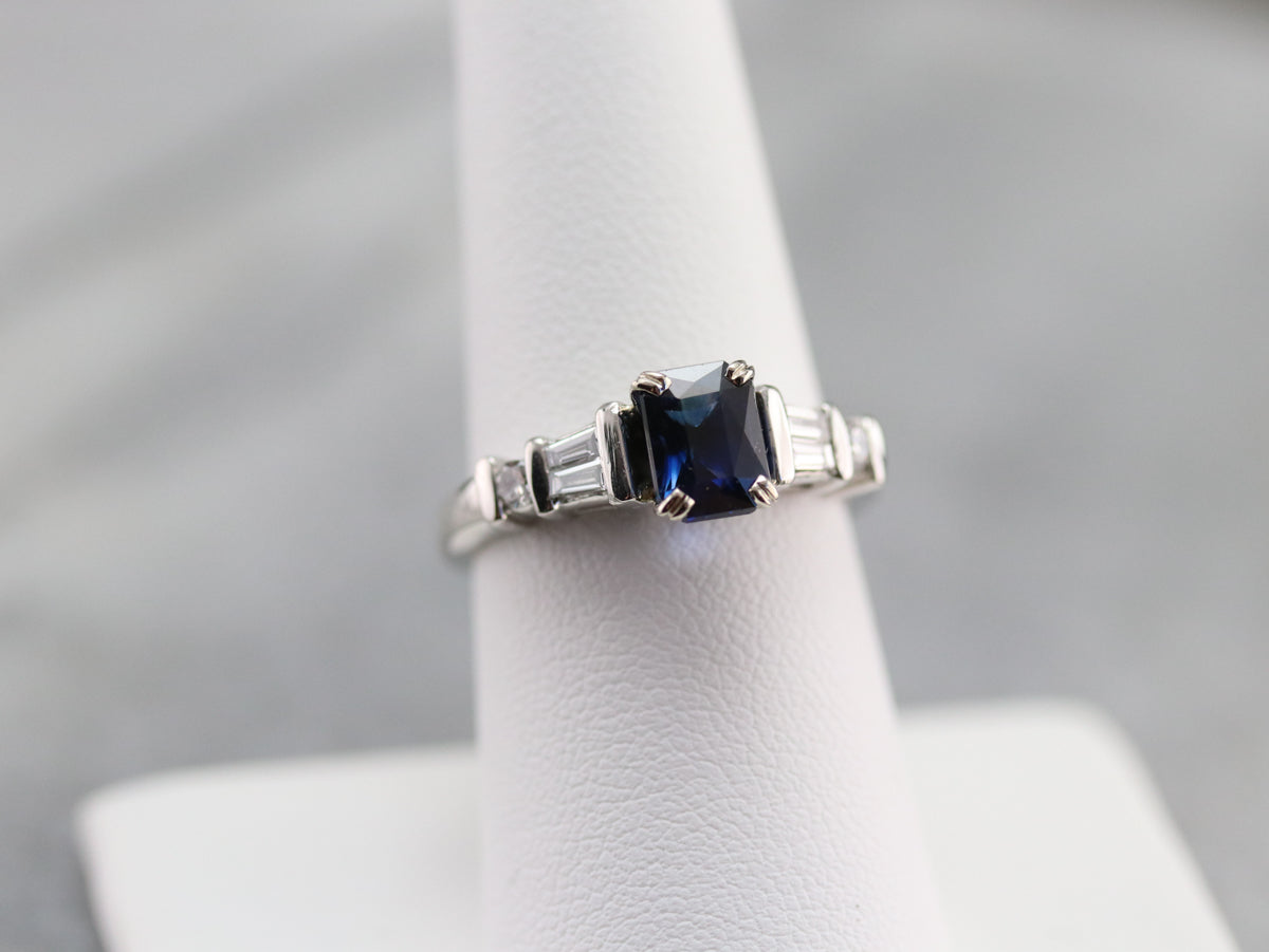 Modern Platinum Sapphire and Diamond Engagement Ring
