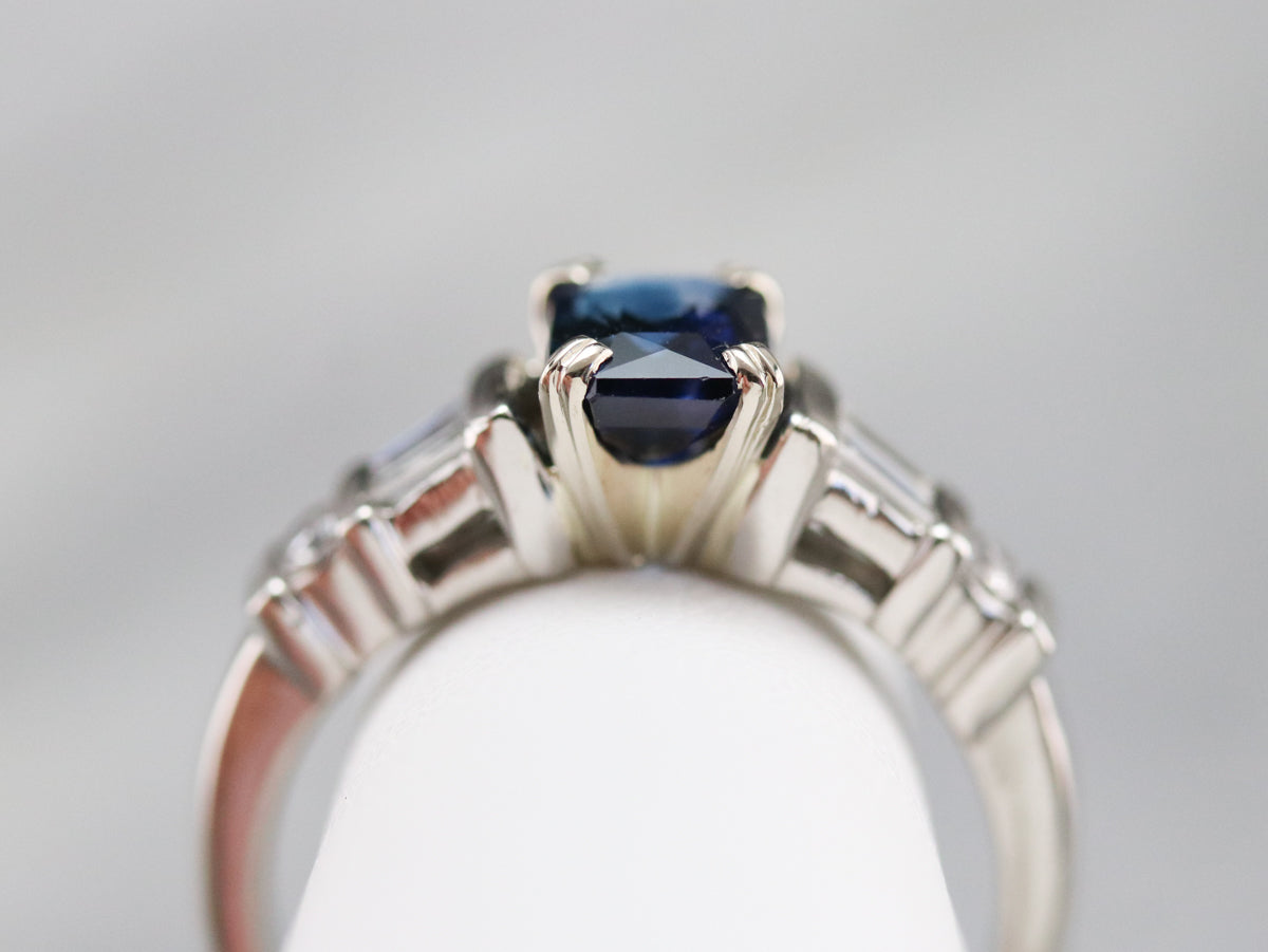 Modern Platinum Sapphire and Diamond Engagement Ring