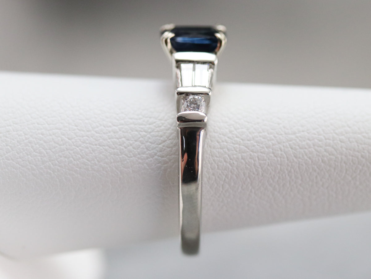 Modern Platinum Sapphire and Diamond Engagement Ring