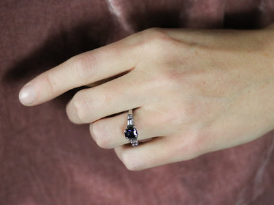 Modern Platinum Sapphire and Diamond Engagement Ring
