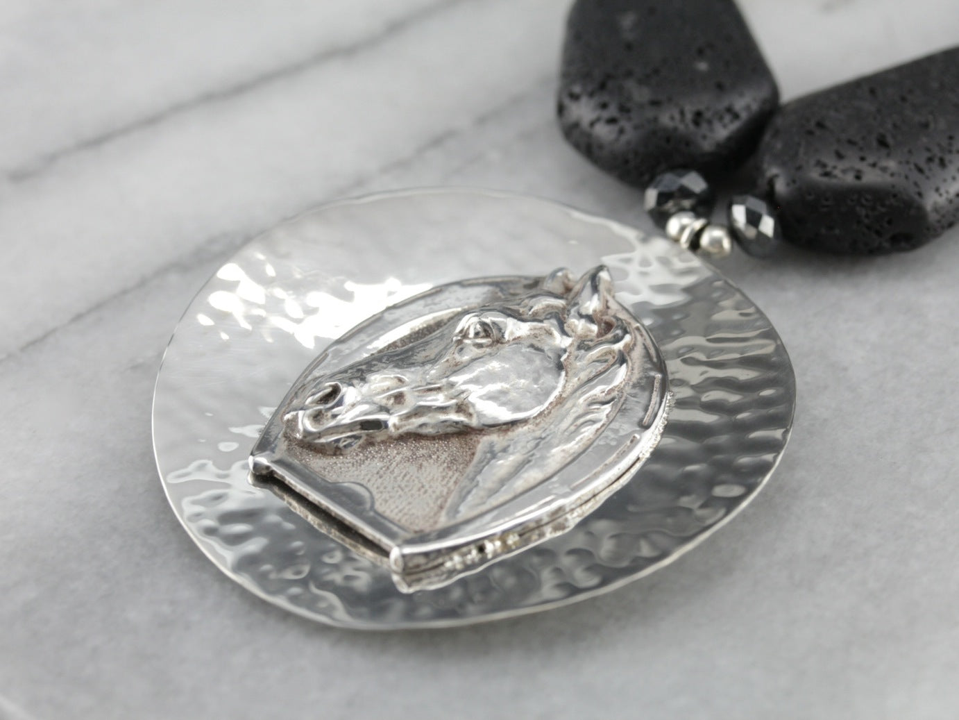 Equestrian Lava Stone Silver Bead Necklace