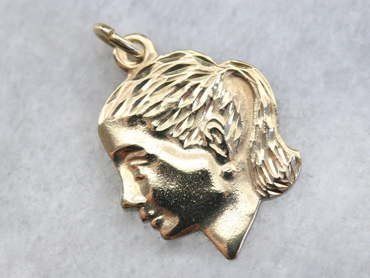 Gold Retro Era Girl in Profile Pendant