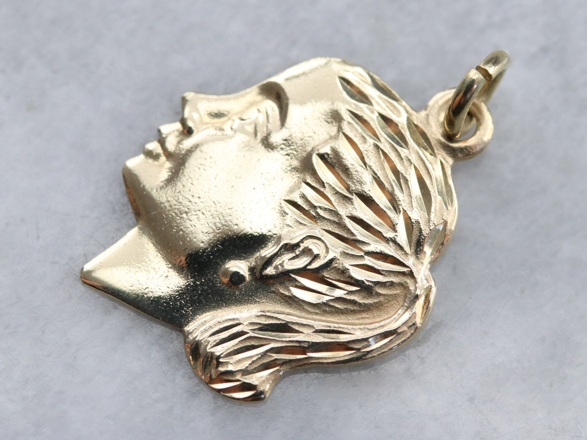 Gold Retro Era Girl in Profile Pendant