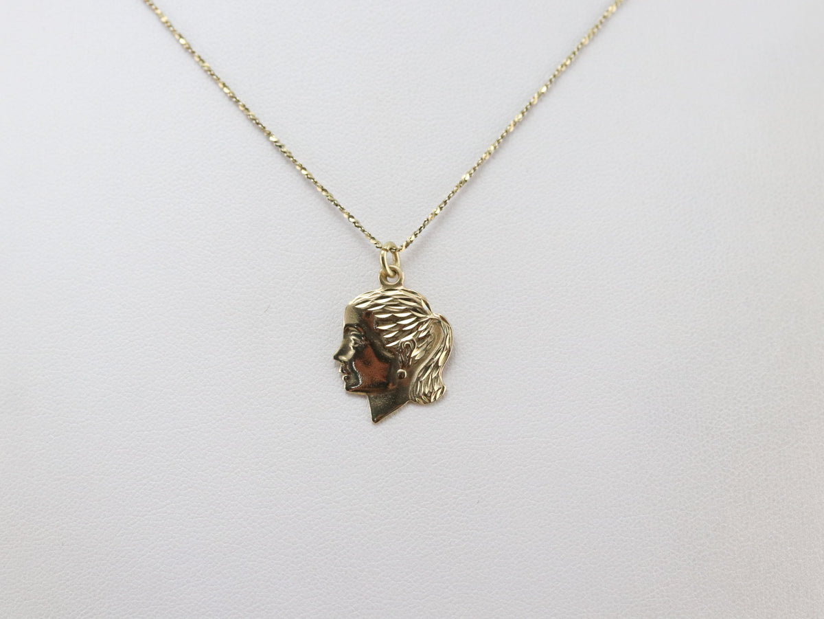 Gold Retro Era Girl in Profile Pendant