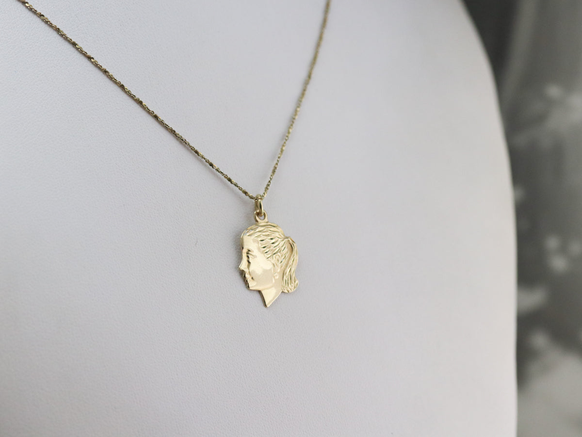 Gold Retro Era Girl in Profile Pendant