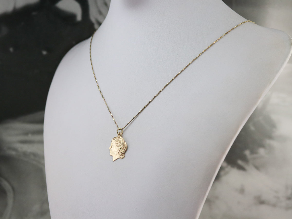 Gold Retro Era Girl in Profile Pendant