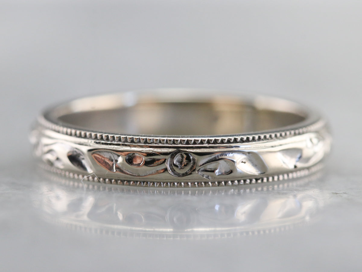 White Gold Rose Pattern Band
