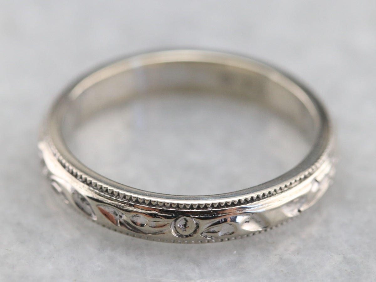 White Gold Rose Pattern Band