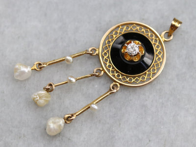 Victorian Diamond Onyx and Pearl Pendant