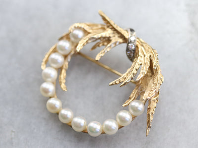 Mid Century Pearl and Diamond Gold Brooch