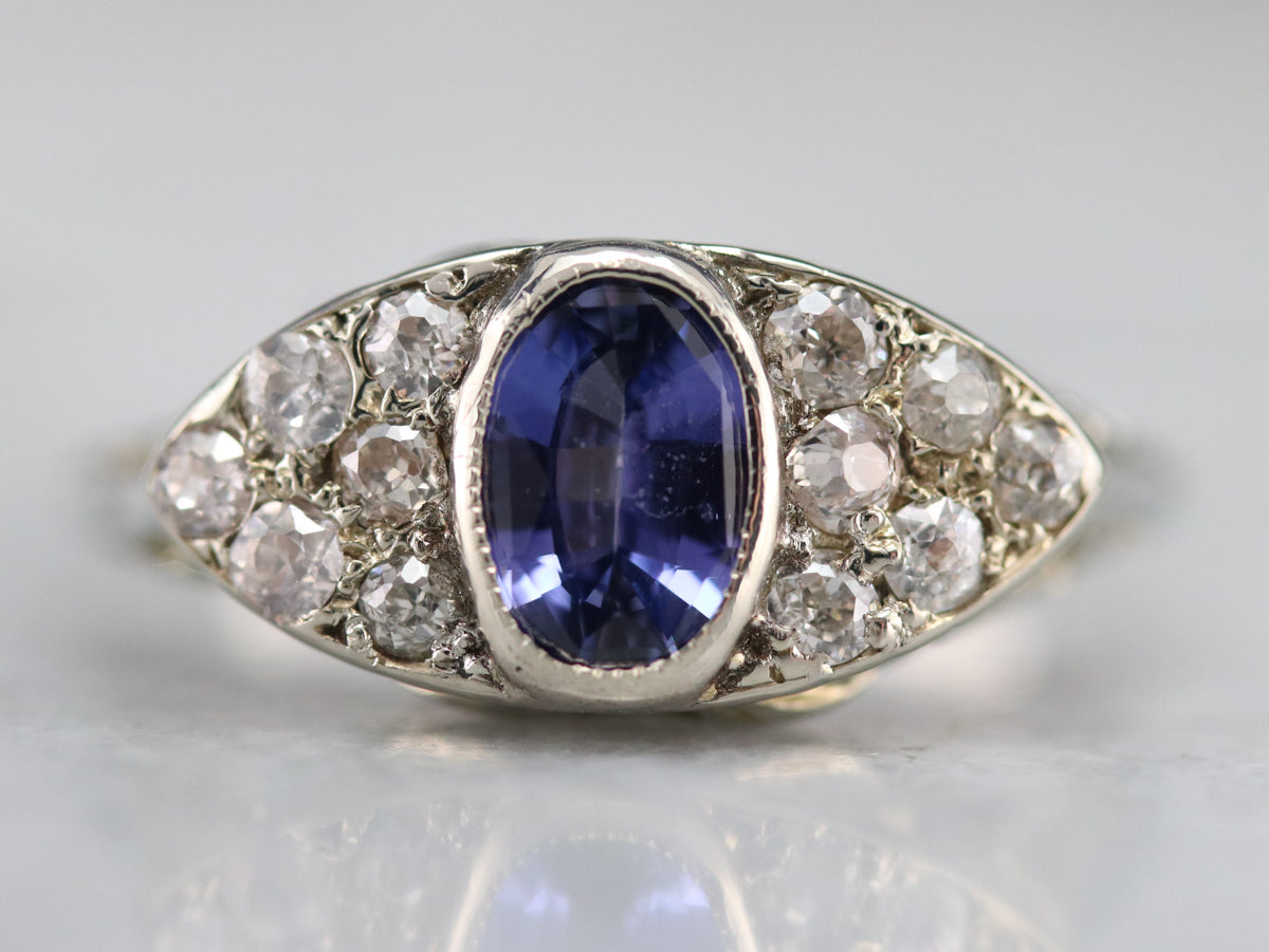 Art Deco Sapphire and Old Mine Cut Diamond Ring