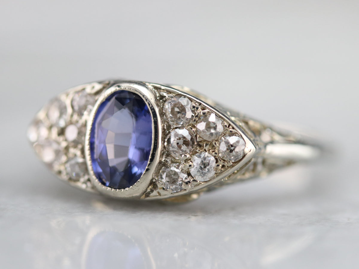 Art Deco Sapphire and Old Mine Cut Diamond Ring