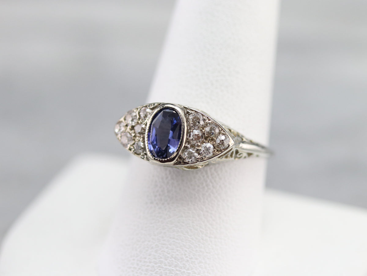 Art Deco Sapphire and Old Mine Cut Diamond Ring