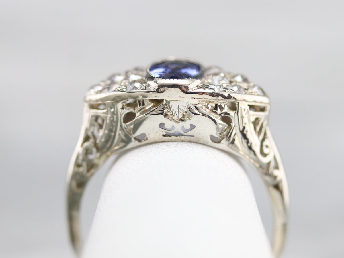 Art Deco Sapphire and Old Mine Cut Diamond Ring