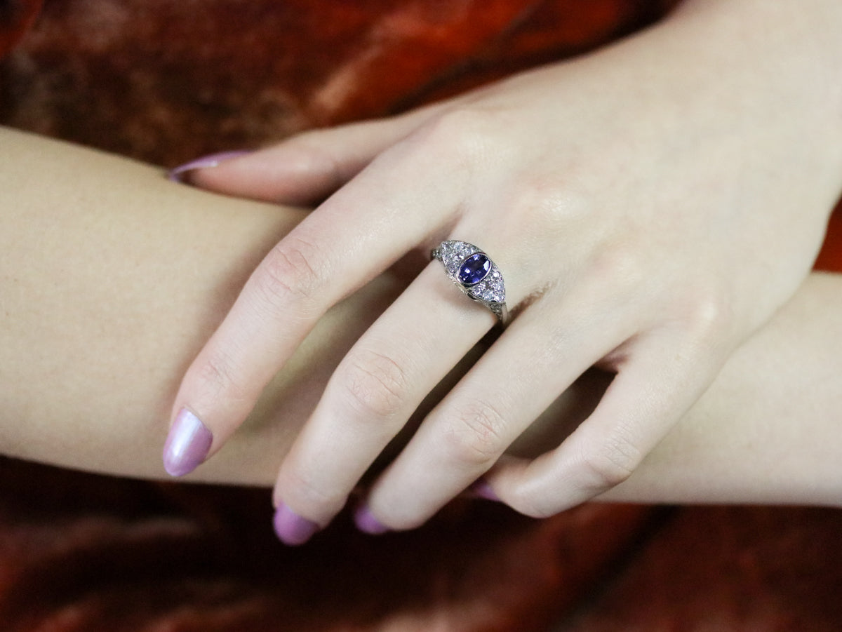 Art Deco Sapphire and Old Mine Cut Diamond Ring