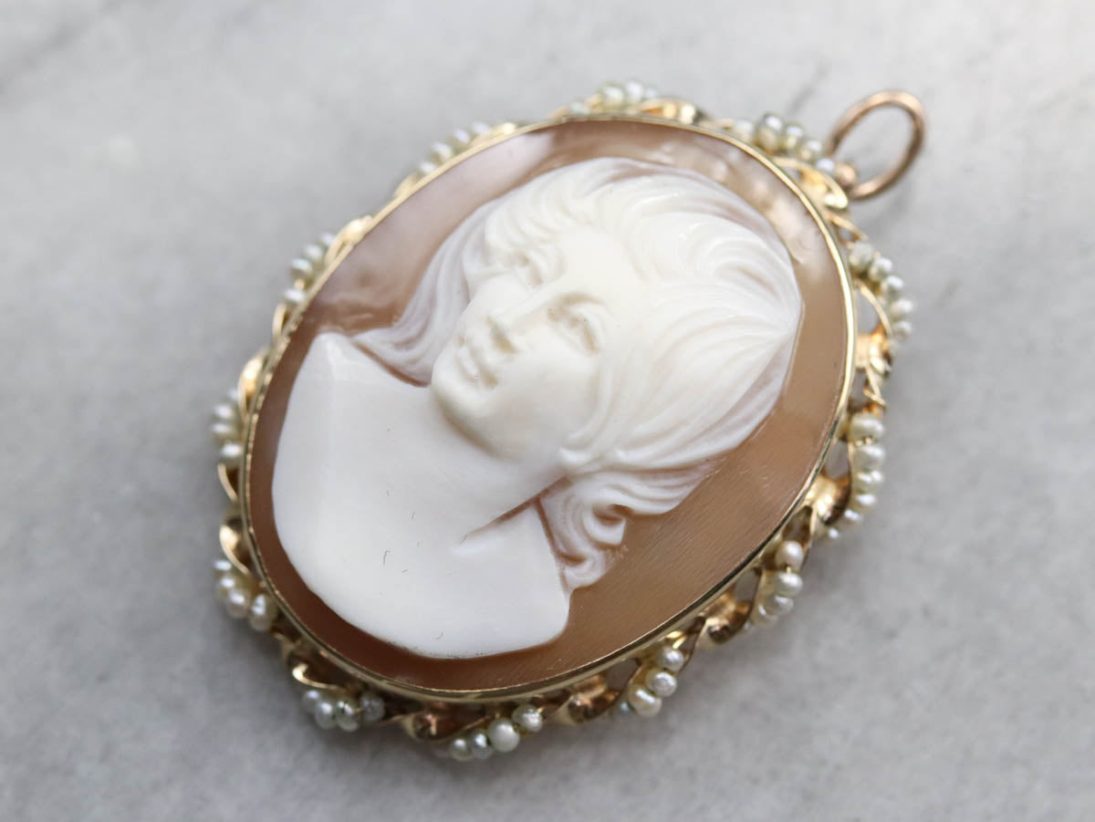 Mid Century Cameo Seed Pearl Brooch or Pendant