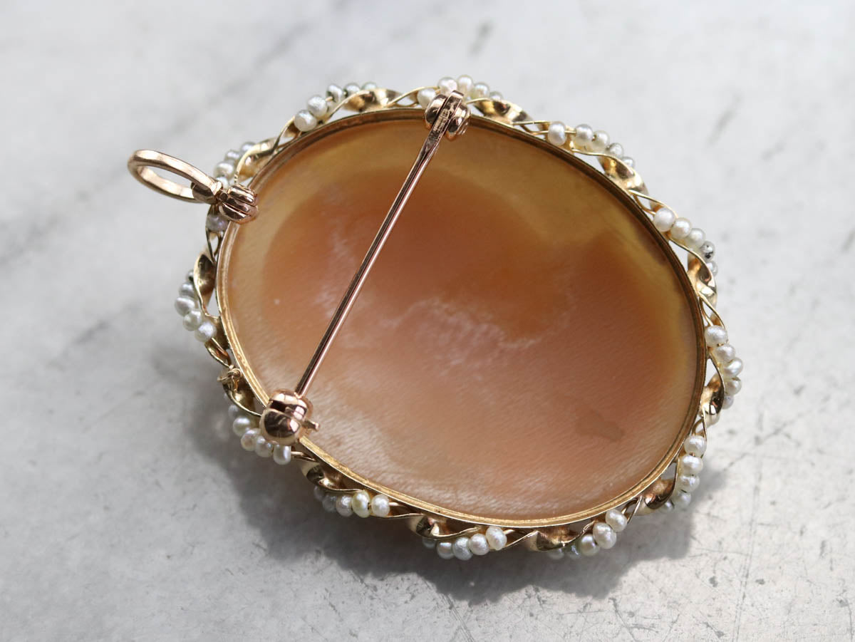 Mid Century Cameo Seed Pearl Brooch or Pendant