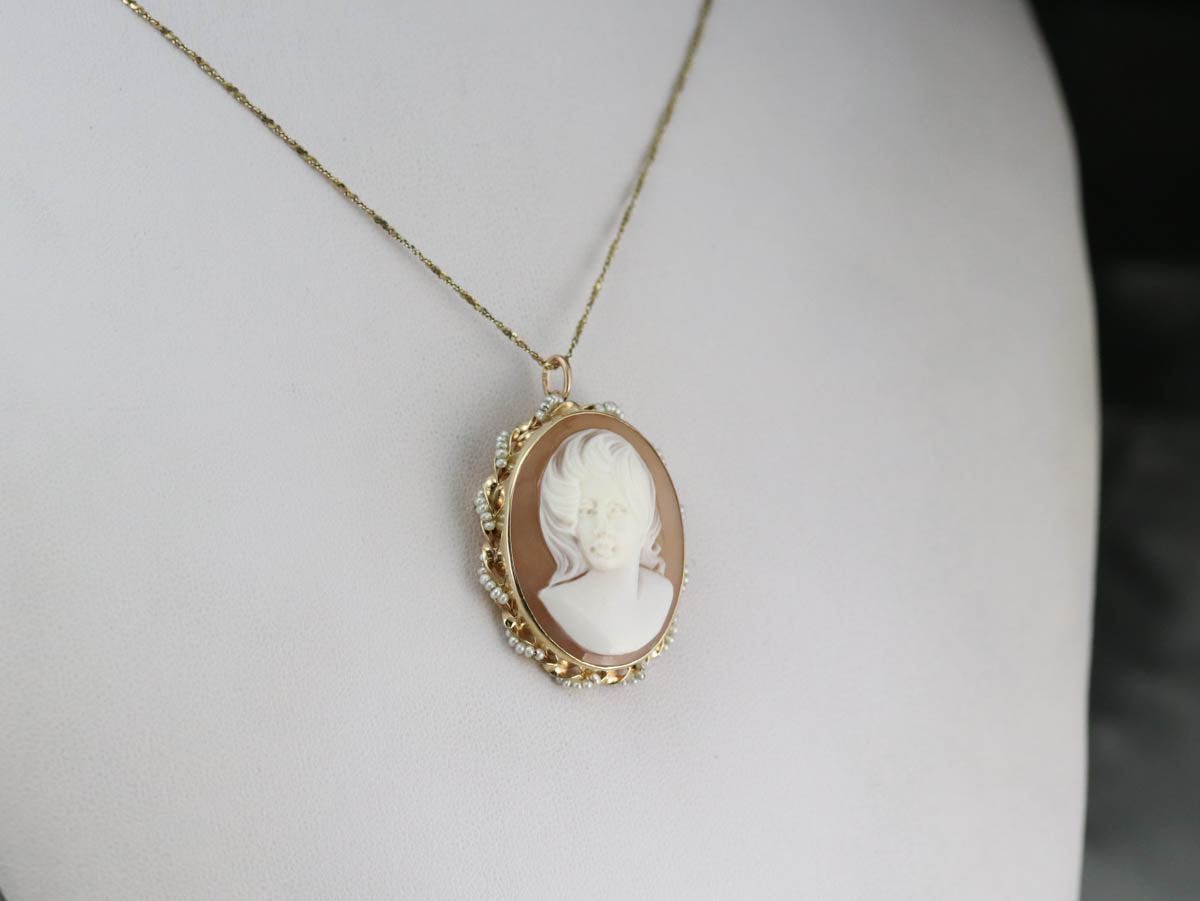 Mid Century Cameo Seed Pearl Brooch or Pendant