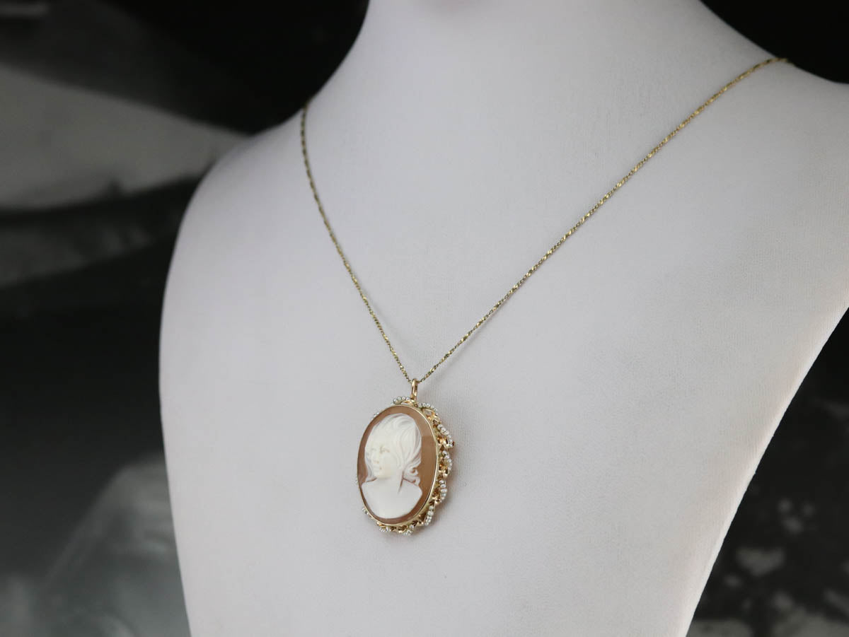 Mid Century Cameo Seed Pearl Brooch or Pendant