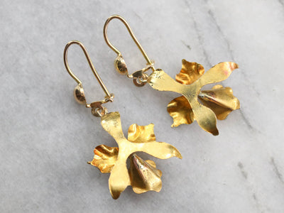 Gold Pearl Orchid Drop Earrings
